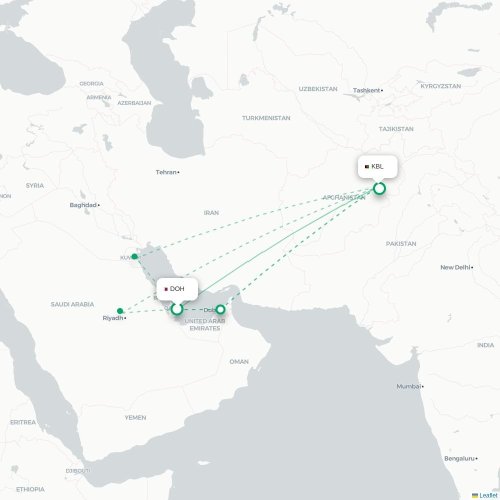 Mapa lotu bezpośredniego Ad-Dauha – Kabul