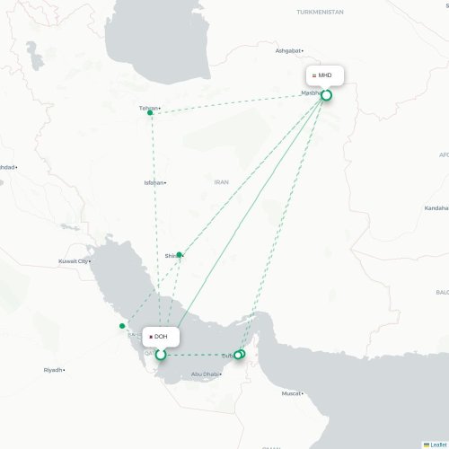 Mapa de vuelo directo Doha - Mashhad