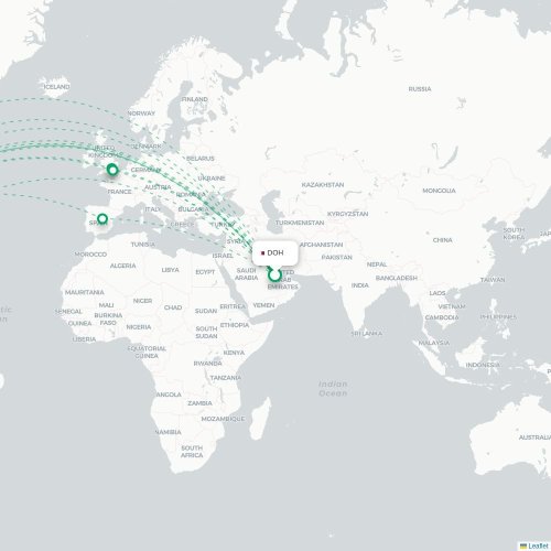 Mapa de vuelo directo Doha - Filadelfia