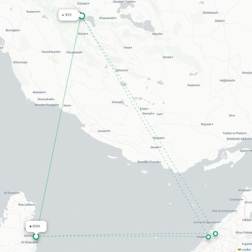 Mapa de vuelo directo Doha - Shiraz