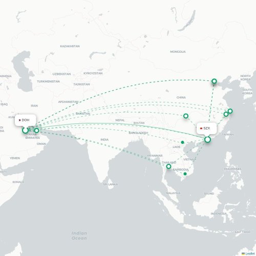 Mapa lotu bezpośredniego Ad-Dauha – Shenzhen
