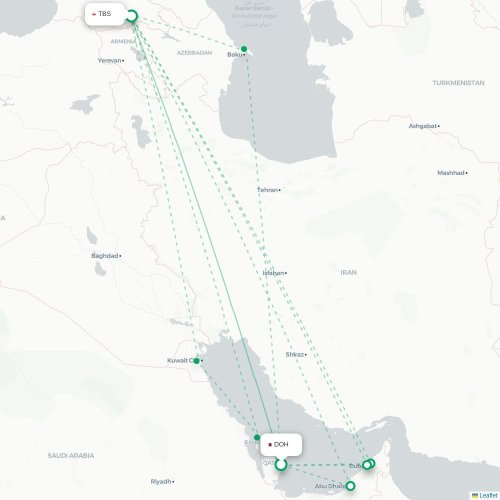 Mapa de vuelo directo Doha - Tiflis