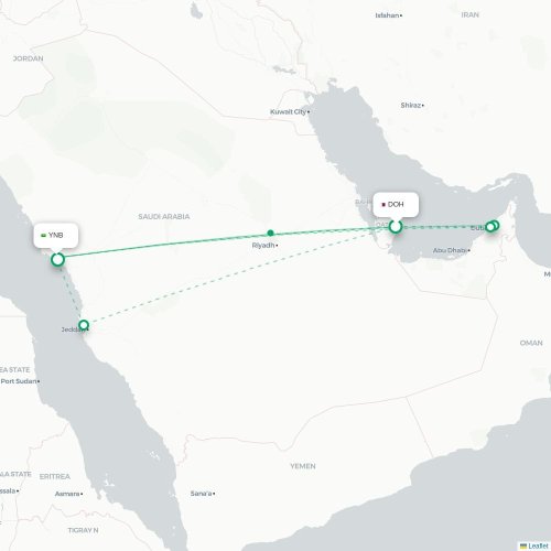 Mapa de vuelo directo Doha - Yanbu