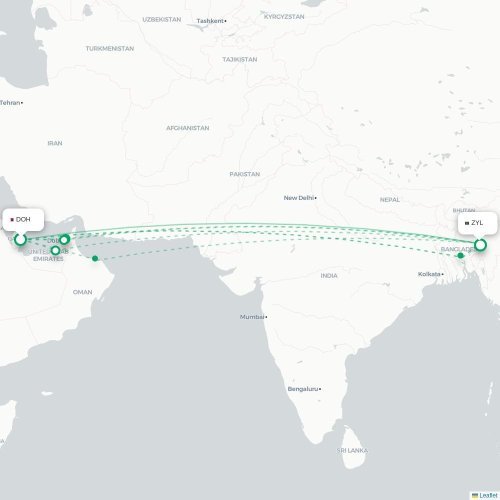 Doha – Sylhet suoran lennon kartta