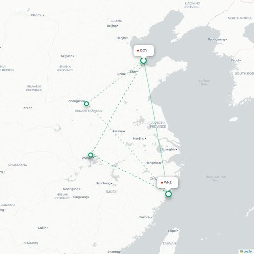 Mapa lotu bezpośredniego Dongying – Wenzhou