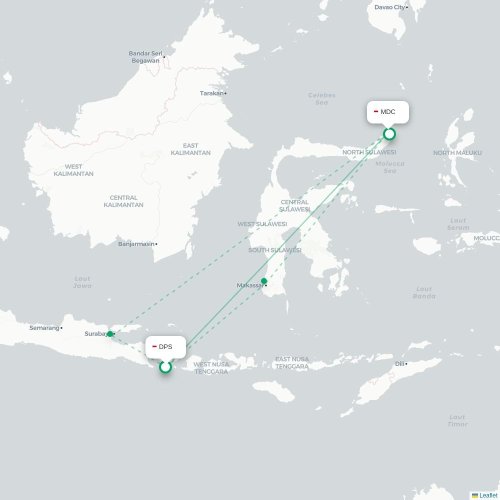 Mapa lotu bezpośredniego Denpasar – Manado