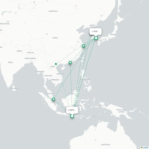 Mapa lotu bezpośredniego Denpasar – Pusan