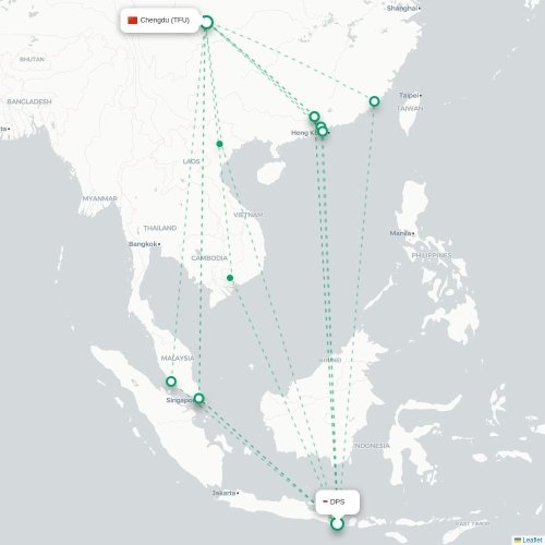 Mapa lotu bezpośredniego Denpasar – Chengdu