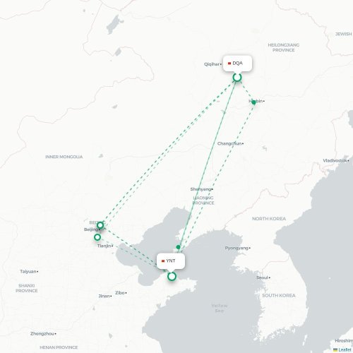 Mapa de vuelo directo Daqing - Yantai