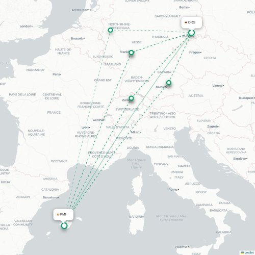 Mapa lotu bezpośredniego Drezno – Palma de Mallorca