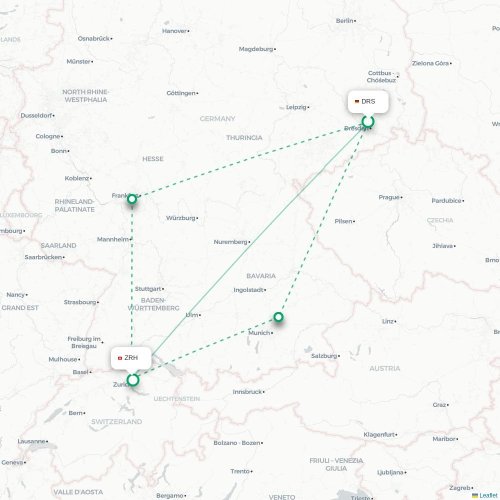 Mapa de vuelo directo Dresde - Zúrich