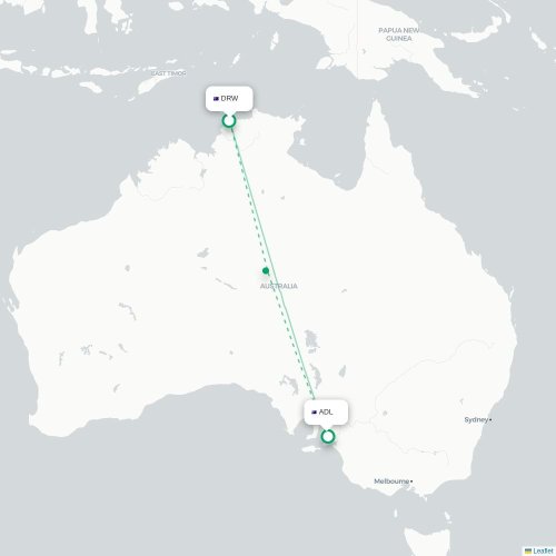 Darwin - Adelaide kort over direkte fly