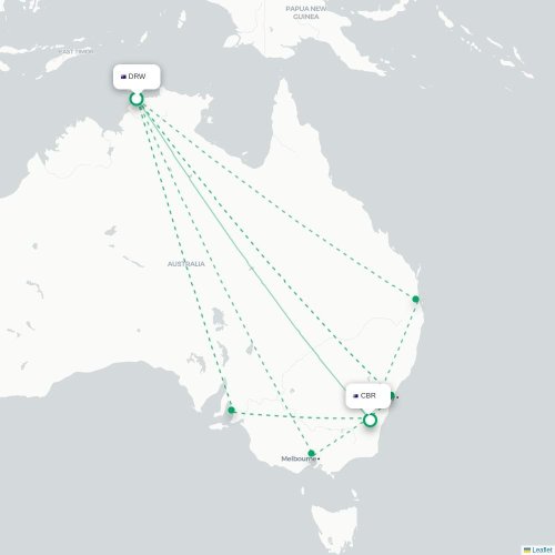 Darwin - Canberra kort over direkte fly