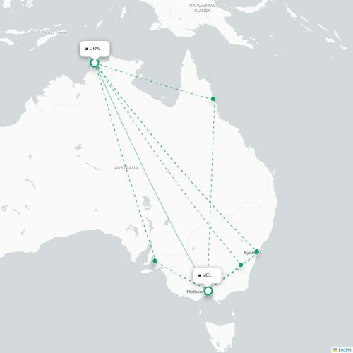 Darwin - Melbourne kort over direkte fly