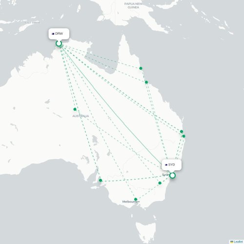 Darwin - Sydney kort over direkte fly
