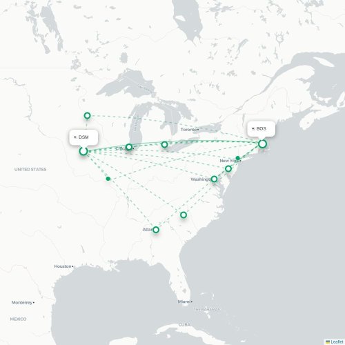 Des Moines - Boston kort over direkte fly