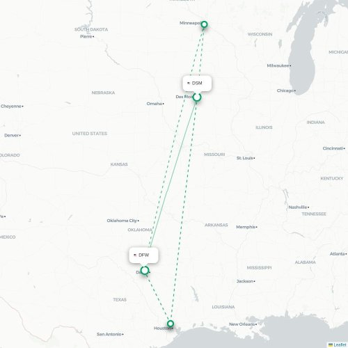Des Moines - Dallas kort over direkte fly