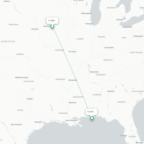Des Moines - Gulf Shores kort over direkte fly
