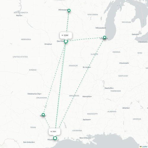 Des Moines - Houston kort over direkte fly