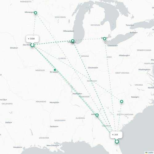 Des Moines - Jacksonville kort over direkte fly