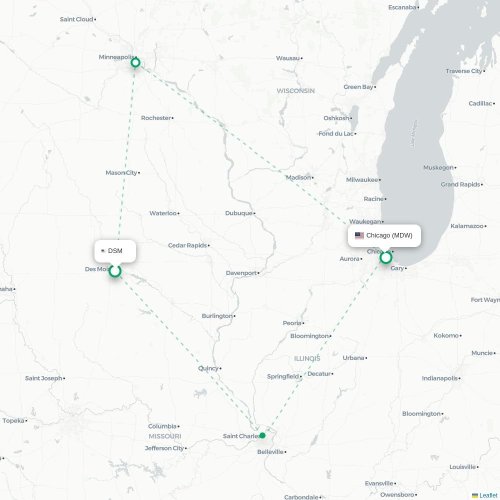 Des Moines - Chicago kort over direkte fly