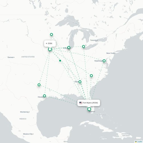 Mapa lotu bezpośredniego Des Moines – Fort Myers