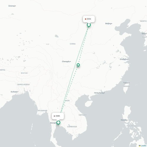 Mapa lotu bezpośredniego Ordos City – Bangkok
