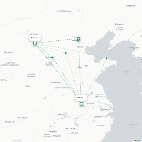 Mapa lotu bezpośredniego Ordos City – Hefei