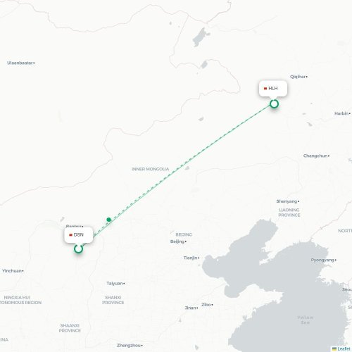 Mapa de vuelo directo Ordos City - Hinggan