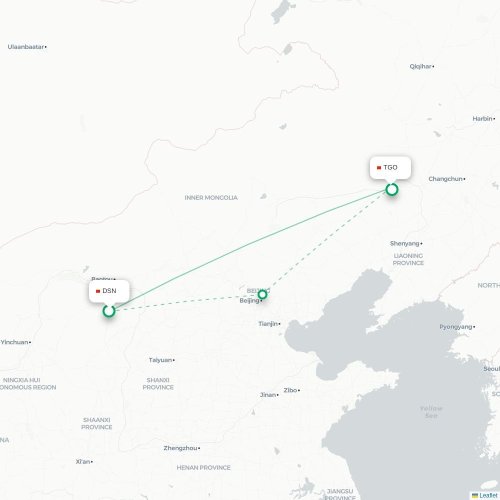 Mapa lotu bezpośredniego Ordos City – Tongliao