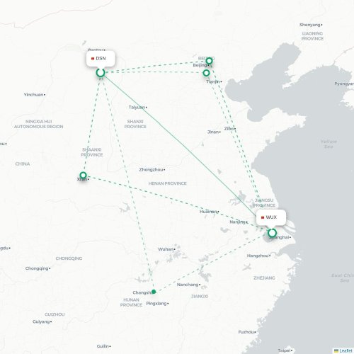 Mapa lotu bezpośredniego Ordos City – Wuxi