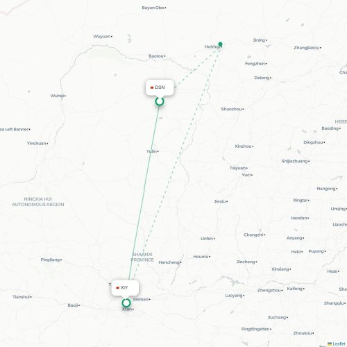 Mapa lotu bezpośredniego Ordos City – Xi'an