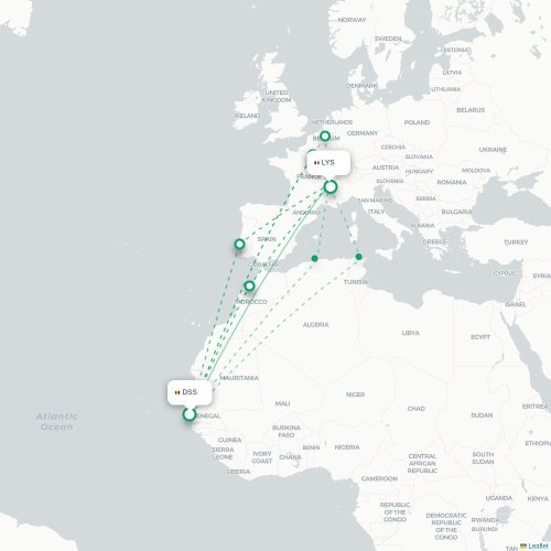 Dakar - Lyon kaart van rechtstreekse vlucht