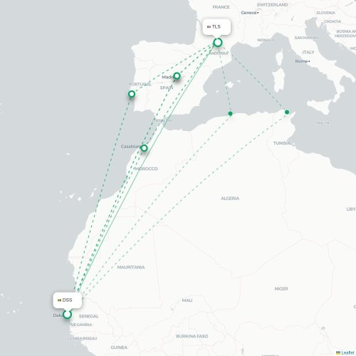 Dakar – Toulouse suoran lennon kartta