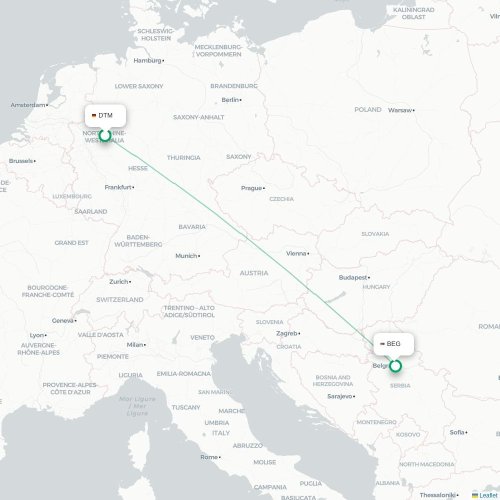 Mapa de vuelo directo Dortmund - Belgrado