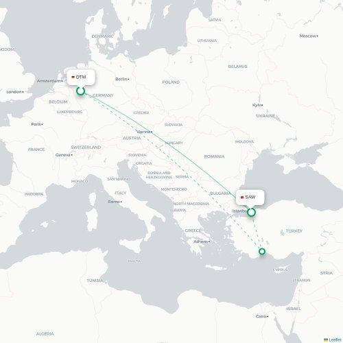 Mapa de vuelo directo Dortmund - Estambul
