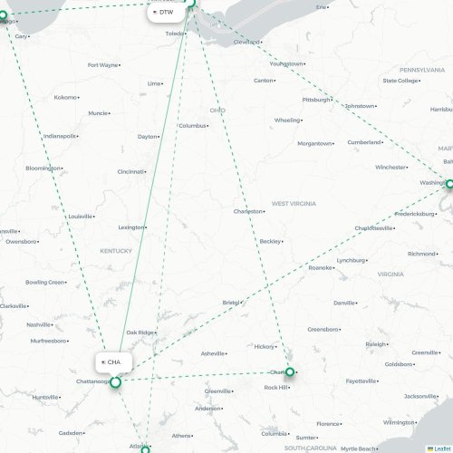 Mapa de vuelo directo Detroit - Chattanooga