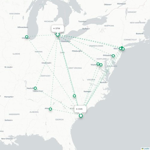 Mapa de vuelo directo Detroit - Charleston