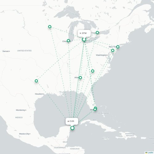 Detroit - Cancun karta över direktflyg