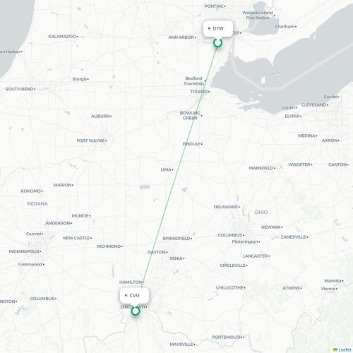 Detroit - Cincinnati kaart van rechtstreekse vlucht