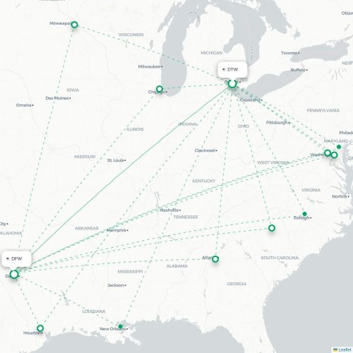 Mapa lotu bezpośredniego Detroit – Dallas