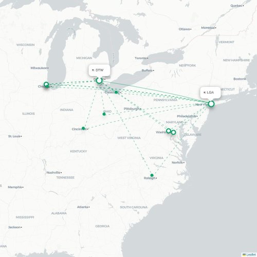Mapa lotu bezpośredniego Detroit – Nowy Jork