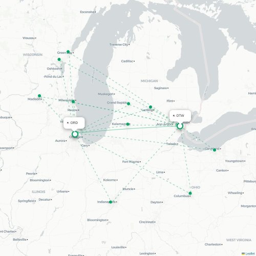 Mapa lotu bezpośredniego Detroit – Chicago