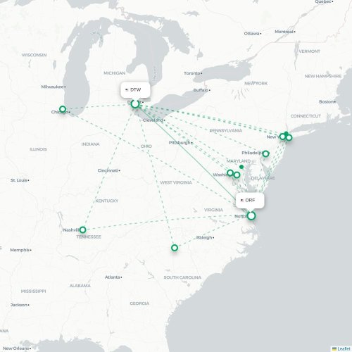 Mapa lotu bezpośredniego Detroit – Norfolk