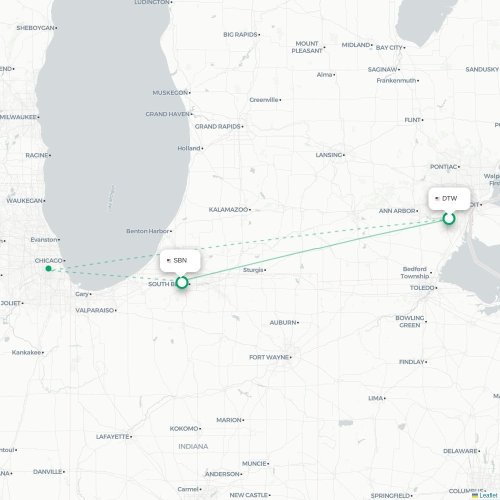 Mapa lotu bezpośredniego Detroit – South Bend