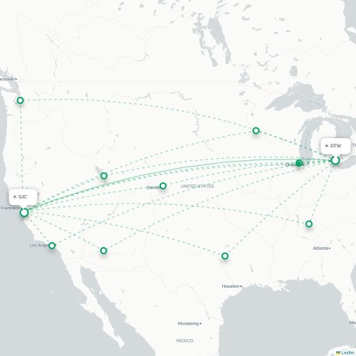 Detroit - San Jose kort over direkte fly