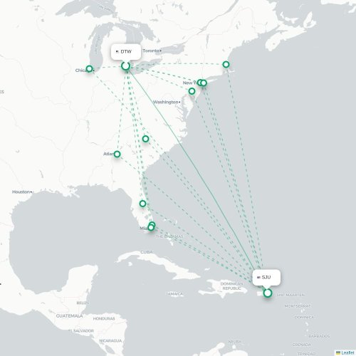 Mapa de vuelo directo Detroit - San Juan