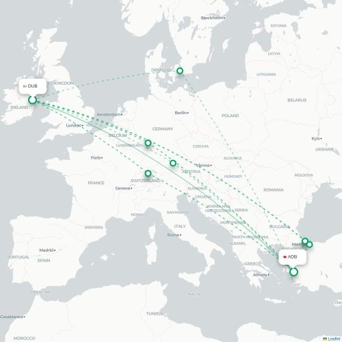 Mapa lotu bezpośredniego Dublin – Izmir