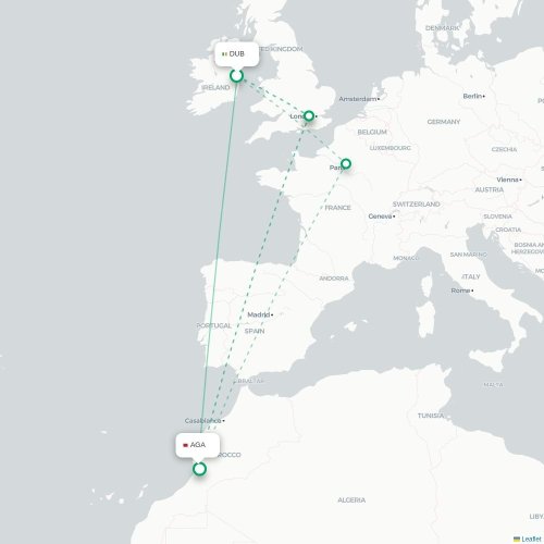 Mapa de vuelo directo Dublín - Agadir