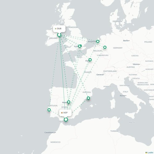Mapa lotu bezpośredniego Dublin – Malaga